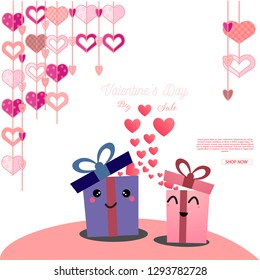 Valentine's day sale offer, banner template. Pink heart with gift, isolated on white background.