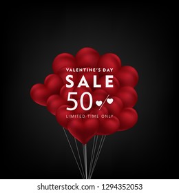 Valentine's day sale offer, banner template. 3d  heart shaped red balloons, love day sale tags. Shop market poster design.	