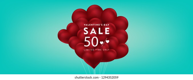 Valentine's day sale offer, banner template. 3d  heart shaped red balloons, love day sale tags. Shop market poster design.	