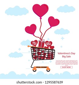 Valentine's day sale offer, banner template. red heart with trolley, isolated on white background. Valentines Heart sale with cloud. Shop market poster design