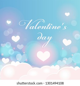 Valentine's day sale offer, banner template. Pink heart with lettering, isolated on blue background. Bokeh effect