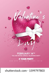 Valentine's day sale offer, banner template, invitation card. Pink heart with lettering, isolated on pink background