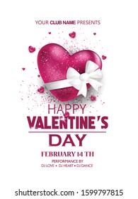 Valentine's day sale offer, banner template, invitation card. Pink heart with lettering, isolated on pink background