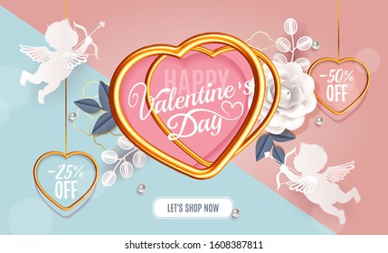 Valentine's day sale offer, banner template. Pink heart with gold metallic frame.  Paper roses flowers, leaves and cupid love on pink and blue background. Valentines Heart paper price tag.  Vector