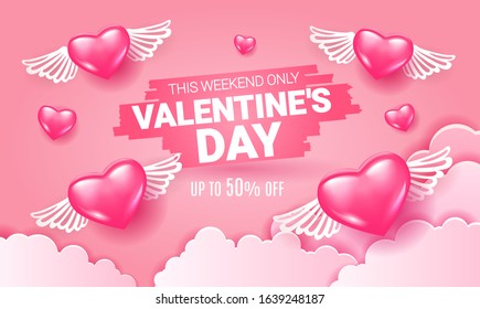 Valentine's day sale offer, banner template. Pink heart with wings and lettering.  Paper  effect love and clouds on light pink background. Valentines Heart paper tags garland  Vector illustration. EPS