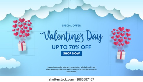 valentine's day sale offer banner template with blue sky background with flying balloon present gift paper cut style with blue sky background