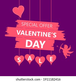 Valentines day sale offer banner template. White text on pink board sign and hearts. Vector illustration in flat style