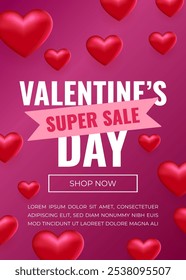 Valentine's day sale offer banner with red glossy hearts, poster template. Abstract background with hearts ornaments. Discount flyer,card for February 14. Special offers, best deals.Vector