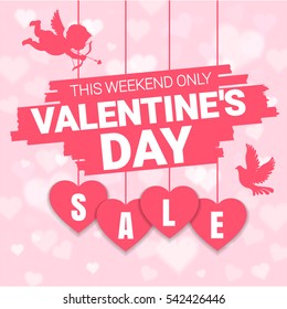 Valentine's day sale offer, banner template. Pink heart with lettering, isolated on pink background. Valentines Heart sale with cupidon. Shop market poster design. Vector