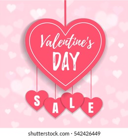 Oferta de venta de San Valentín, plantilla de banner. Corazón rosa con letras, aislado en fondo rosado. Valentines Heart sale con cupidon. Diseño de afiches en el mercado. Vector