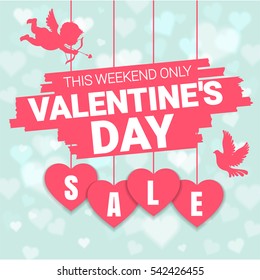 Valentine's day sale offer, banner template. Pink heart with lettering, isolated on blue background. Valentines Heart sale tags. Shop market poster design. Vector