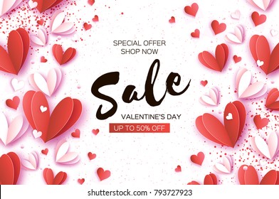 Valentine's day Sale. Offer, banner template. Red heart in paper cut style on white background. Space for Text. Shop market poster design. Romantic Holidays. Love. 14 February.