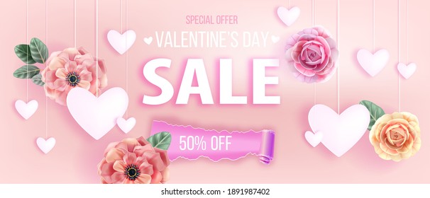 Valentines Day sale offer pink vector love background with hearts, roses, flowers, anemones, leaves. Holiday Mothers Day romantic promotional discount banner, flyer. Valentines Day sale background