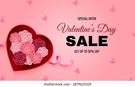 Valentine's day sale offer for website banner decorated with heart shaped box filled with paper flower and pink pearls. Realistic vector background.