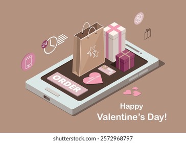 Valentines Day Sale, online shopping, promotion sale with gifts and bag shopping on mobile phone. Web poster 3d