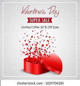 Valentines day sale with opened red heart shape box on a white background