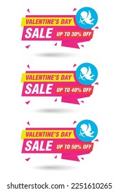 Valentines day sale origami labels set. Sale 30%, 40%, 50% off discount. Vector illustration