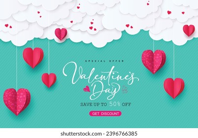 Valentine's day sale paper cut vector banner. Happy valentine's day shopping special offer text with paper cut heart shape hanging in nubes elements decoration. Vector illustration greeting card 