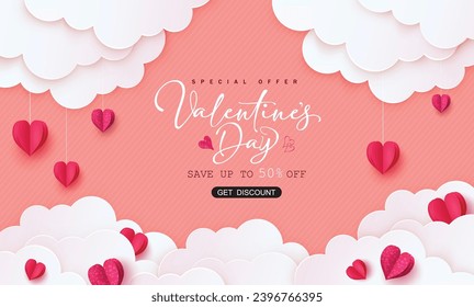 Valentine's day sale paper cut vector banner. Happy valentine's day sale special offer discount text in paper cut template. Vector illustration hearts day shopping advertisement. 
