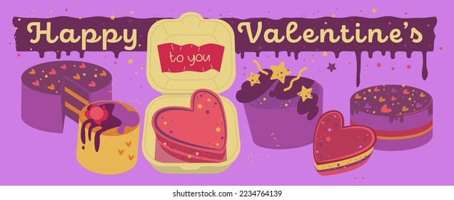 Valentines day sale in a pastry shop. Small heart-shaped cakes. Sweet little dessert, cute, romantic, tasty holiday present. Horizontal promo banner. Creative advertising. Editable vector illustration