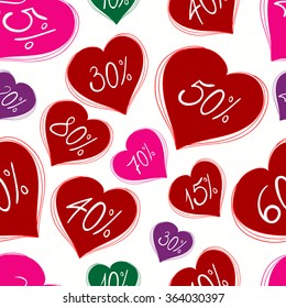Valentines day sale pattern. Seamless background with hearts and discounts.