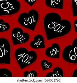 Valentines day sale pattern. Seamless red background with hearts and discounts.