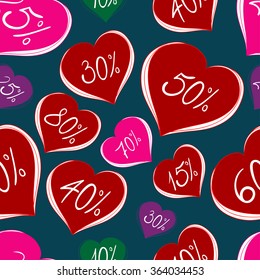 Valentines day sale pattern. Seamless blue background with hearts and discounts.