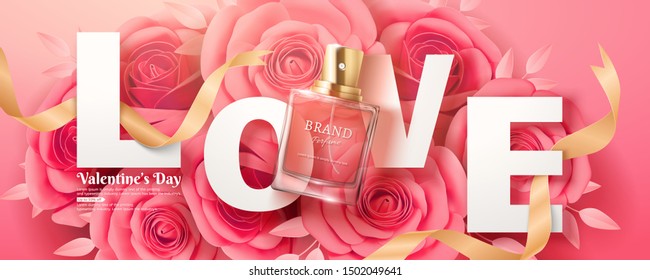 Valentine's Day sale perfume ads with paper pink roses and LOVE words, 3d illustration flay lay