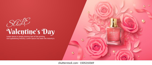 Valentine's Day sale perfume ads with paper pink roses, flat lay 3d illustration design
