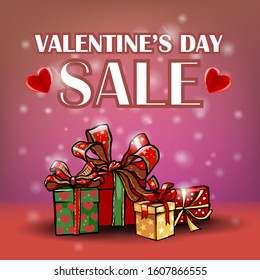 Valentine's day sale, pink discount banner for website or design with gift boxes. Vector illustration