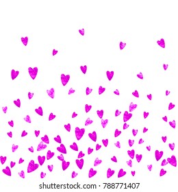 Valentines day sale with pink glitter hearts. February 14th day. Vector confetti for valentines day sale template. Grunge hand drawn texture. Love theme for flyer, special business offer, promo.