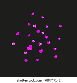 Valentines day sale with pink glitter hearts. February 14th day. Vector confetti for valentines day sale template. Grunge hand drawn texture. Love theme for party invite, retail offer and ad.