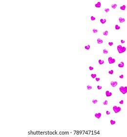 Valentines day sale with pink glitter hearts. February 14th day. Vector confetti for valentines day sale template. Grunge hand drawn texture. Love theme for gift coupons, vouchers, ads, events.