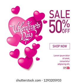Valentine's Day sale pink monochromic with pink hearts, discount sales. Vector illustration for website, posters, ads, coupons, promotional materials, etc. - vector