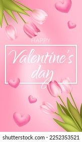Valentines day sale pink romantic background with 3d realistic flowers, 
 tulips template. Realistic 3d hearts design. Vector illustration. For wallpaper, flyer, invitation, poster, brochure, banner.