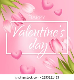 Valentines day sale pink romantic background with 3d realistic flowers, 
 tulips template. Realistic 3d hearts design. Vector illustration. For wallpaper, flyer, invitation, poster, brochure, banner.