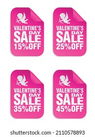 Valentines day sale pink stickers set with Cupid icon. Sale 15%, 25%, 35%, 45% off. Vector illustration