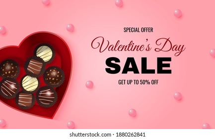 Valentine's day sale pink website banner. Realistic heart shaped present box filled with truffles chocolate. Vector design.