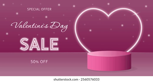 Valentines day sale podium decorated with neon heart on pink background. Advertising for products, cosmetics, ceremony, awards.  Product display. Valentines day background. Vector illustration. 