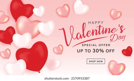 Valentines day sale poster 30% offer  with red, white and pink heart balloons background