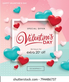 Valentines day sale poster with 3D hearts