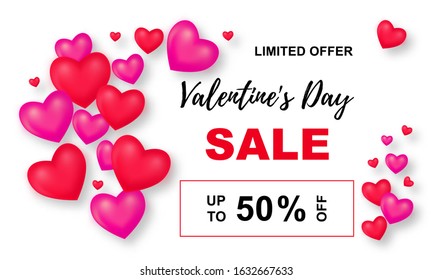 Valentine's Day Sale poster. Background wiht 3d Mesh hearts. Up to 50 off. Vector Illustration with Seasonal Offer.