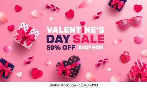 Valentine's Day Sale Poster or banner with sweet gift,sweet heart and lovely items on pink background.Promotion and shopping template or background for Love and Valentine's day concept.Vector EPS10 Valentine's Day Sale Poster or banner with sweet gift,sweet heart and lovely items on pink background.Promotion and shopping template or background for Love and Valentine's day concept.Vector EPS10