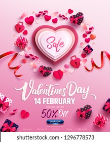 Valentine's Day Sale Poster or banner with sweet gift,sweet heart and lovely items on pink background.Promotion and shopping template or background for Love and Valentine's day concept.Vector EPS10