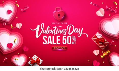 Valentine's Day Sale Poster or banner with sweet gift,sweet heart and lovely items on red background.Promotion and shopping template or background for Love and Valentine's day concept.Vector EPS10