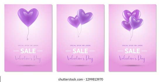 Valentine's day sale poster, banner set. 3 different Valentine's day discount poster from violet balloon hearts in soft backgrounds. Realistic, 3D concept vector illustrations.