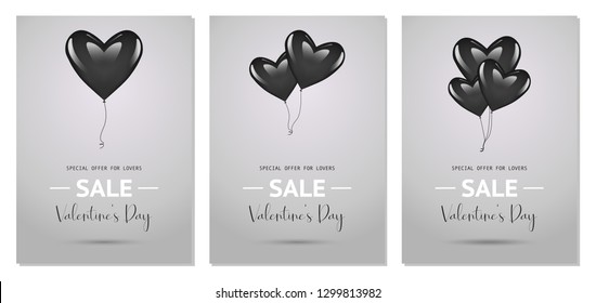 Valentine's day sale poster, banner set. 3 different Valentine's day discount poster from black, gothic balloon hearts in soft backgrounds. Realistic, 3D concept vector illustrations.