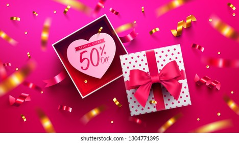 Valentine's Day Sale Poster or banner with Open gift box.Promotion and shopping template or background for Love and Valentine's day concept.Vector illustration EPS10