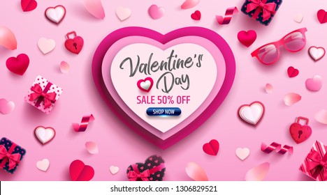 Valentine's Day Sale Poster or banner with sweet gift,sweet heart and lovely items on pink background.Promotion and shopping template or background for Love and Valentine's day concept.Vector EPS10