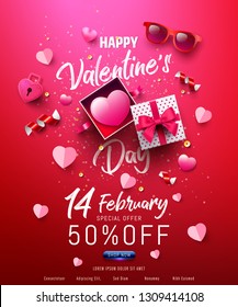 Valentine's Day Sale Poster or banner with sweet gift,sweet heart and lovely items on red background.Promotion and shopping template or background for Love and Valentine's day concept.Vector EPS10